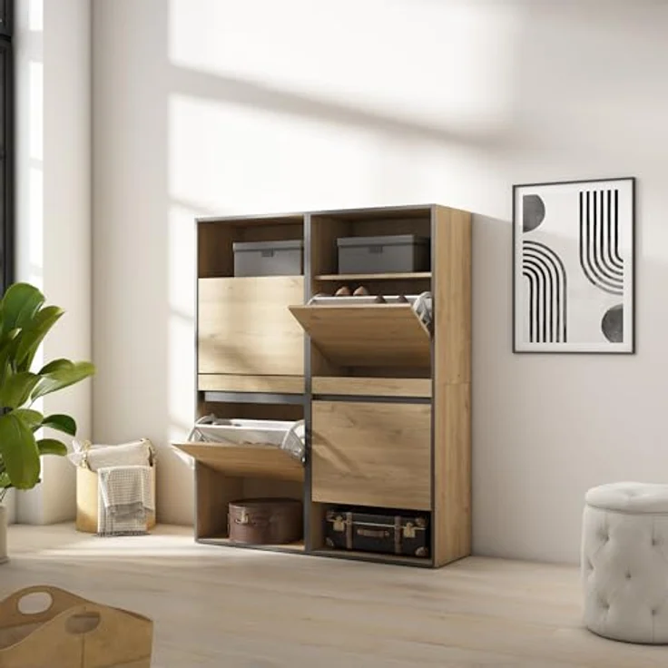 Skraut Home | Schuhregal, Schuhschrank | Schuhaufbewahrung | 120 x 145 x 35 cm | Für Schlafzimmer, Zimmer | Schuh-Organizer | Moderner Stil | Eiche – Bild 4