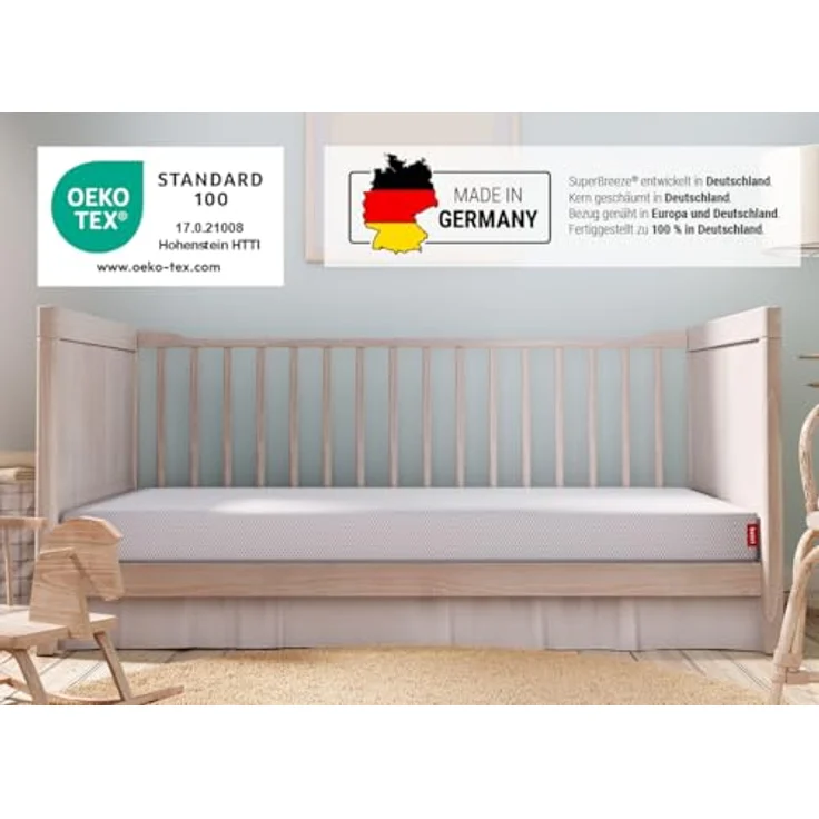 Bodyguard bett1 SuperBreeze Kindermatratze 80x160 cm für Neugeborene, Babys und Kleinkinder (Liegefläche bei 60 °C waschbar, rundum verstärkte Trittkante, Belüftungskanäle, QXSchaum, Oeko Tex 100) – Bild 5