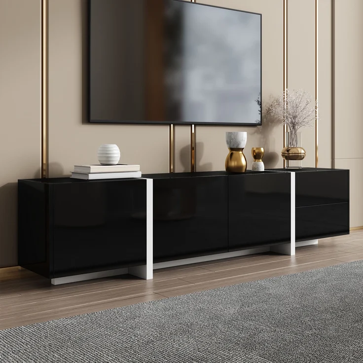 Eleganter TV-Ständer mit hochglänzendem Schwarz und weißen Beinen – 170 x 30 x 39 cm, 170x30x39 cm – Bild 2