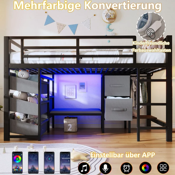 Kinderbett Halbhohes Bett 90x200 cm aus Metall mit LED-Beleuchtung, Sitzkissen, Stauraumschublade und Aufhängebereich – Bild 10