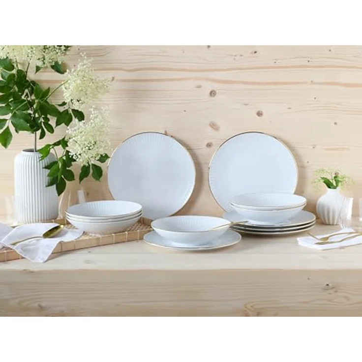 Creatable Tafelservice Valencia, 12-teiliges Geschirrset aus Keramik, Weiß und Gold, handbemalt, lebensmittelecht, stapelbar – Bild 2
