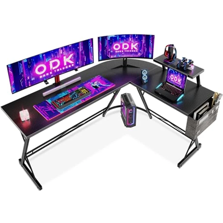 ODK Gaming Tisch, Computertisch, Gaming Schreibtisch mit runder Ecke, Gaming-Tisch mit Monitorablage (Kohlefaser Schwarz, 167x120 cm) – Bild 2