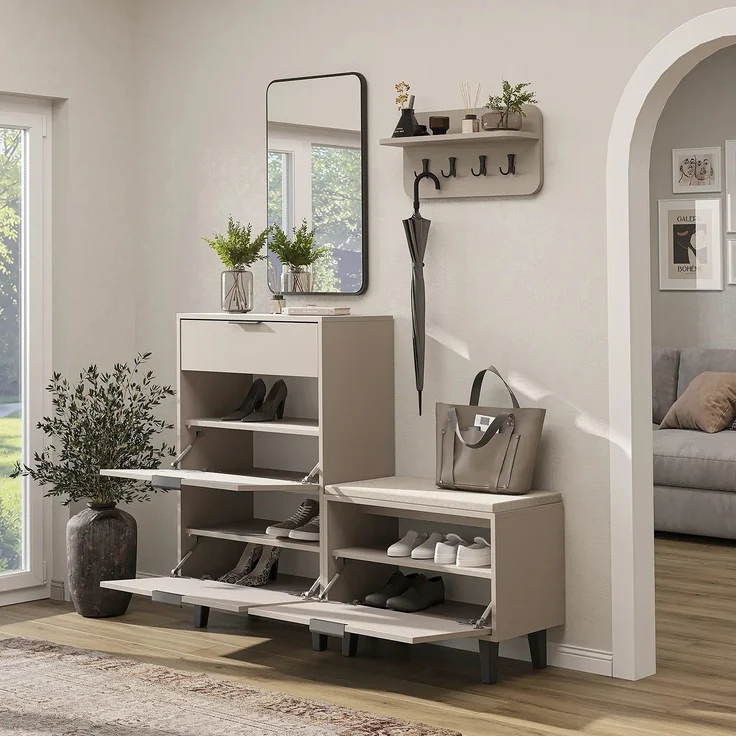 Roomart NORD Garderobenset 4-teilig – Schuhschrank, Sitzbank mit Schuhklappe, Wandgarderobe & Spiegel – Flurgarderobe – H 112 x B 73.6 x T 35 cm (Schuhschrank) • Beige – Bild 2