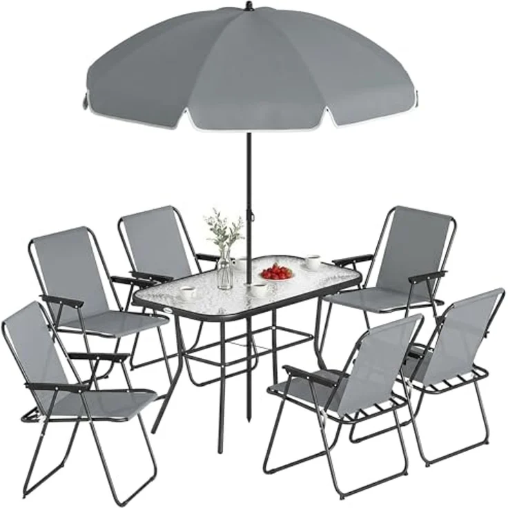 Outsunny Garten-Essgruppe mit 6 Klappstühlen, Sonnenschirm, Wasserwellenmuster, (Gartenset, 8-tlg, Gartenmöbel Set), für Garten Terrasse Grau – Bild 1
