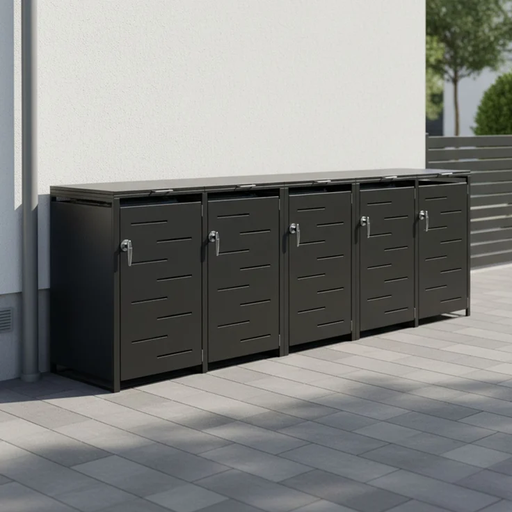 STEELSØN 'Diorus' Mülltonnenbox 5er je 240 Liter, graphitschwarz, Mülltonnenverkleidung aus Stahl mit Sichtstreifen, wetterfest, 116x80x337 cm, abschließbare Müllbox für 5 Tonnen – Bild 7