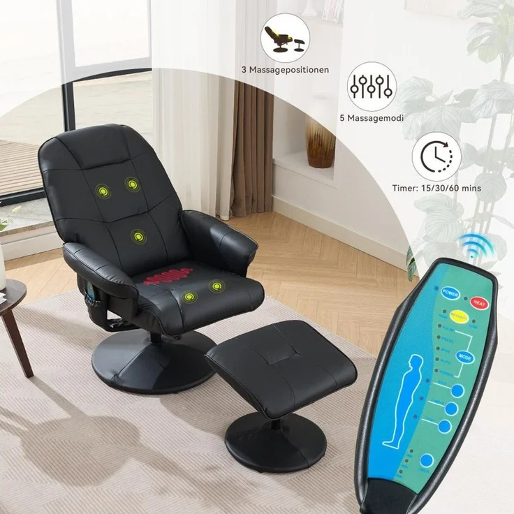 BBWL Massagesessel Massagesessel mit 5-Punkt-Massage, Sitzheizung und Liegefunktion (Kunstleder,mit 360° Drehung, Hocker & Fernbedienungstasche,einfache Montage in 30 Min) – Bild 4