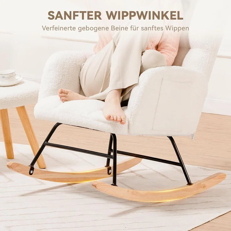 COMHOMA Schaukelstuhl, Relaxsessel mit Armlehnen, Ohrensessel aus Teddy-Plüsch Schaukelsessel, bis 150 kg belastbar, sonnenliege gartenliege für Schlafzimmer, Wohnzimmer, Stilvolles Design weiß – Bild 6
