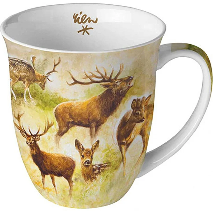 Ambiente Teetasse Kaffeetasse Becher Mug 0,4l Wildtiere Rehe im Herbst Fine Bone China Porzellan