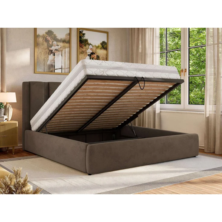Polsterbett SAVINO CLASSIC mit Bettkasten und Lattenrost Doppelbett 180 x 200 cm mit hohem Kopfteil Stauraumbett Bett mit Gasdruckfeder - Braun Velvet - Multipocket Matratze - ELORI LUX – Bild 4