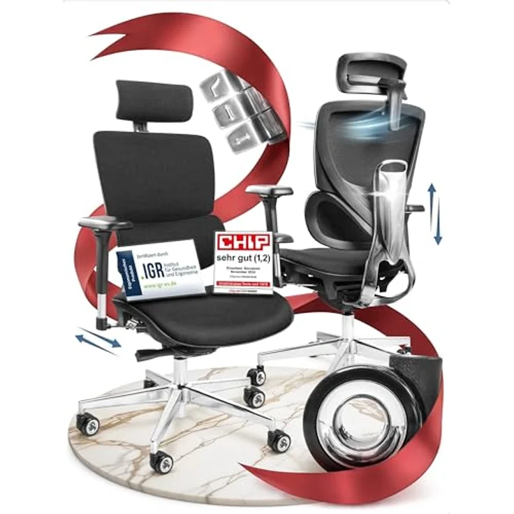 Clouvou MasterSeat Drehstuhl, Schwarz, Textil, ergonomisch, IGR-zertifiziert, höhenverstellbar mit 4D-Armlehnen und Phantom Wheels – Bild 8