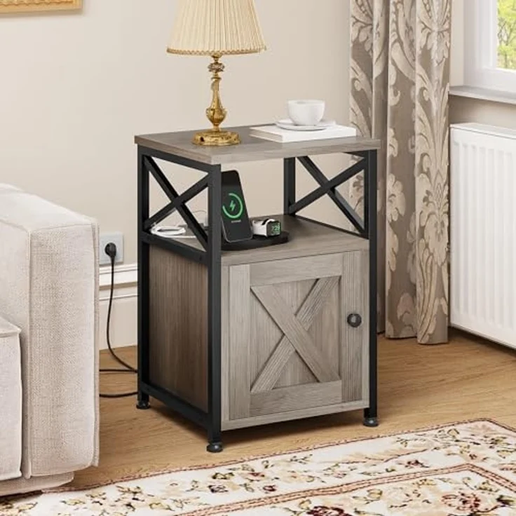 YITAHOME Beistelltisch, Nachttisch mit Kabinett, X-förmiger Couchtisch mit Ladestation, 2 USB-Anschlüssen und Steckdosen, Nachtkommode für Wohnzimmer, Metallrahmen, Schlafzimmer, Metallrahmen, Grau – Bild 2