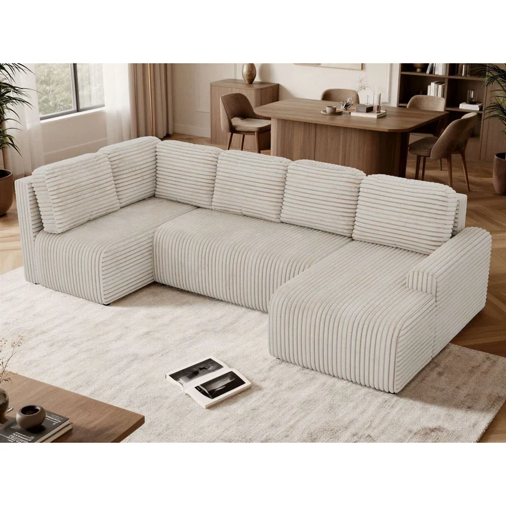 U-förmiges Sofa NESSARO COR U mit Schlaffunktion und Bettkasten, Freistehende Wohnlandschaft, DL-System, Bonellfederkern - Beige Cord - Links Seite – Bild 4