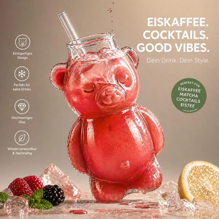 Bärenglas mit Strohhalm 340ml, Süßer Glas Becher in Bärenform, Eiskaffee Becher, Matcha Glas, Cocktailglas - Trinkglas Kawaii Design Geschenkidee – Bild 6