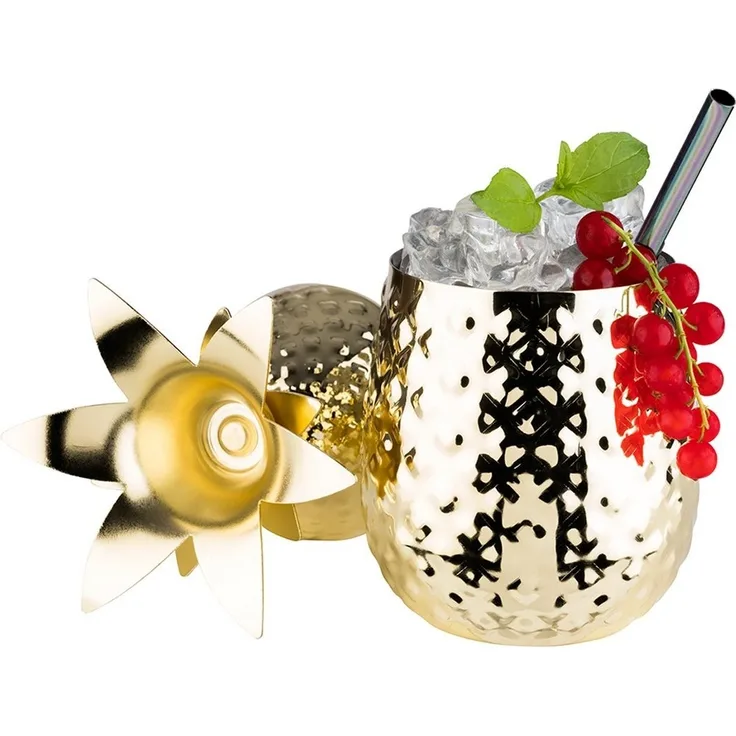 Ananas Cocktailbecher 500ml Goldfarbig mit Deckel und Metall Strohhalm