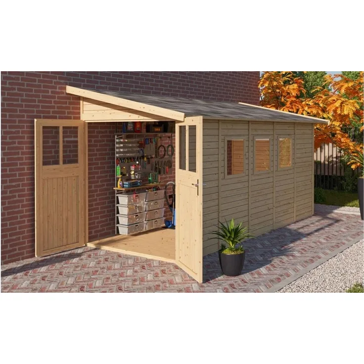 Anlehnhaus Wandlitz 5 - 181x442 cm, 19 mm Holz naturbelassen, Karibu