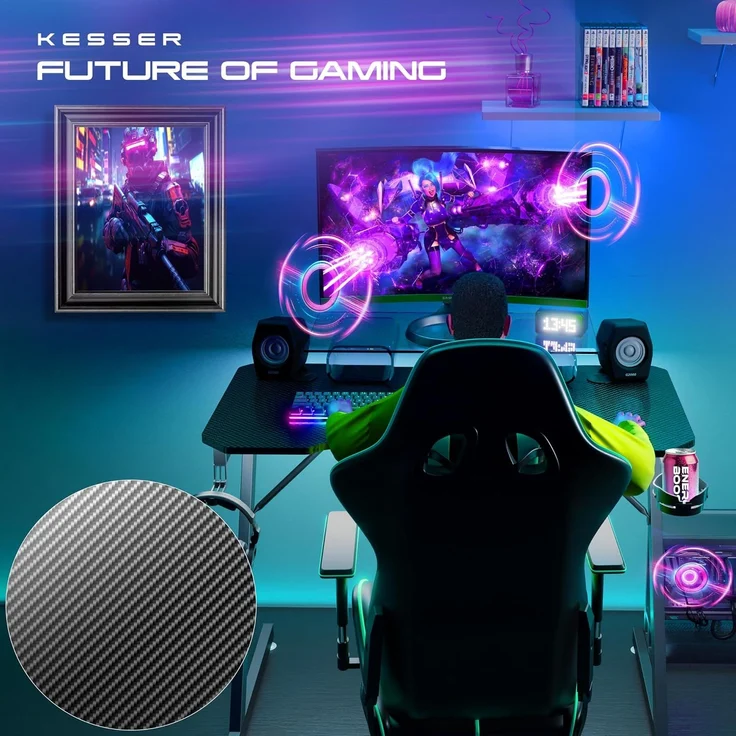 KESSER® Gaming Tisch LED, Z-Form Gamer Schreibtisch, Kopfhörerhaken & Kohlebeschichtung, Ergonomischer PC Computertisch. Stabiler Tisch mit Mauspad & Getränkehalter 100 x 60 cm, Schwarz Carbon – Bild 4