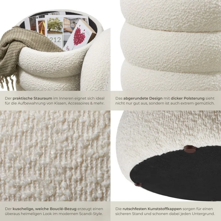 tectake® Hocker mit Stauraum, Scandi Sitzhocker Bouclé Teddy Stoff, Pouf, Polsterhocker rund für Schminktisch, Schlafzimmer, Wohnzimmer Möbel, als Flur Möbel, Stauhocker Wohnen - Bouclé Creme-weiß – Bild 3