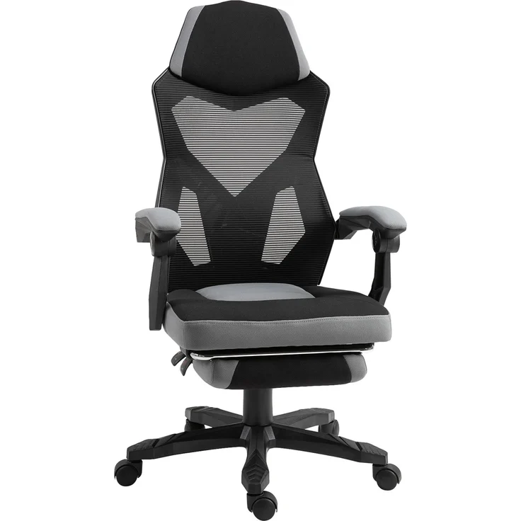 MELAYR, Bürostuhl, Gaming-Stuhl, höhenverstellbar, Rückenlehne, drehbare Rollen, Fußstütze, 76 x 28 x 59 cm, Grau – Bild 2
