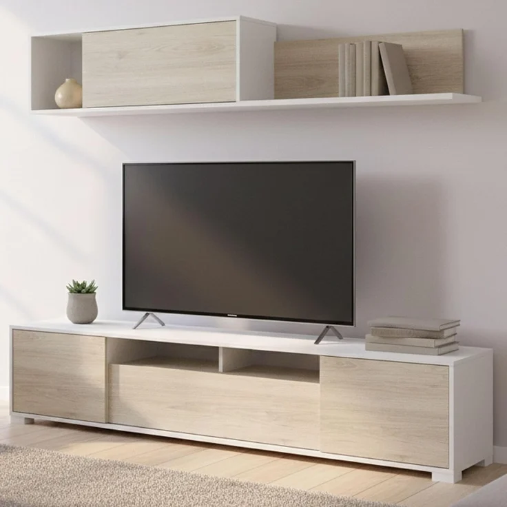 Dmora - Gruf Wandsystem, TV-Ständer-Wohnzimmerset, Mehrzweck-Wohnzimmermöbel, 200x41h180 cm, Eiche und Weiß – Bild 1