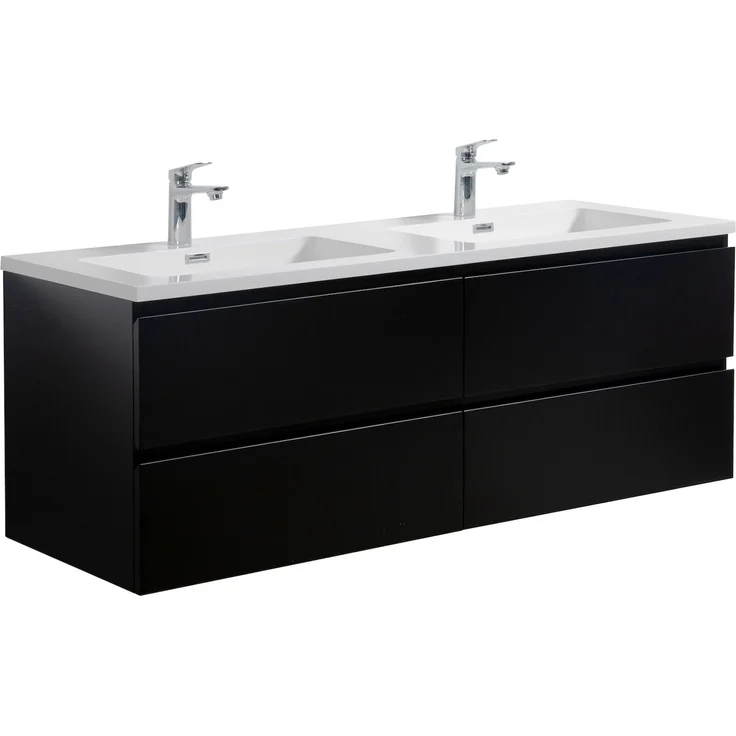 Badplaats Badmöbel Set mit Waschbecken und Unterschrank Angela 140 x 48 cm Schwarz Matt - Waschbeckenunterschrank mit Soft-Close und Doppelwaschbecken, Vorgemontiert – Bild 1