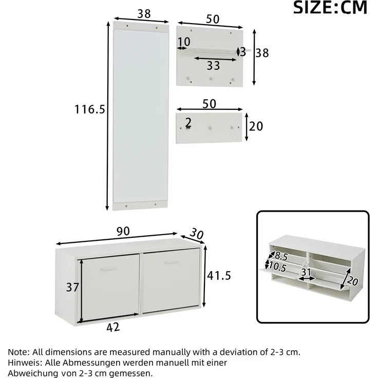 DESVIAE Garderobenschrank-Set 4-tlg. mit Spiegel und 6 Haken 90x41,5x30 cm Spanplatte Weiß – Bild 10