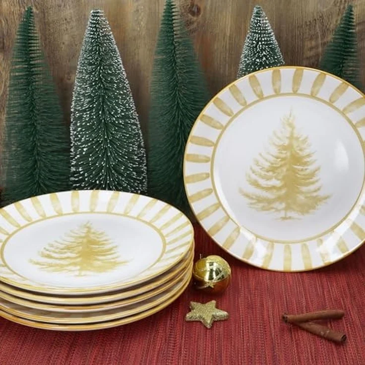 MamboCat Speiseteller 6x Wald ocker Speiseteller Steingut 6 Personen Essteller Streifen, Weihnachtsgeschirr, Weihnachten, Weihnachtsset, Geschirr – Bild 3