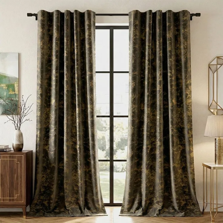 SERBASIC Verdunkelungsvorhang Samt-Verdunkelungsvorhang im 2er-Set, 132 cm breit, mit Goldprint (2 St), Multifunktionsband, blickdicht, Samt, Multifunktionsband mit Bindebändern, schonend waschbar und praktisch