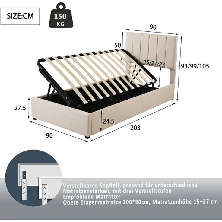 BlingBin Einzelbett Kinderbett Polsterbett Stauraumbett (1-tlg, hautfreundliches Leinen-Hochkastenbett), 90x200 cm,Höhenverstellbares Kopfteil – Bild 4