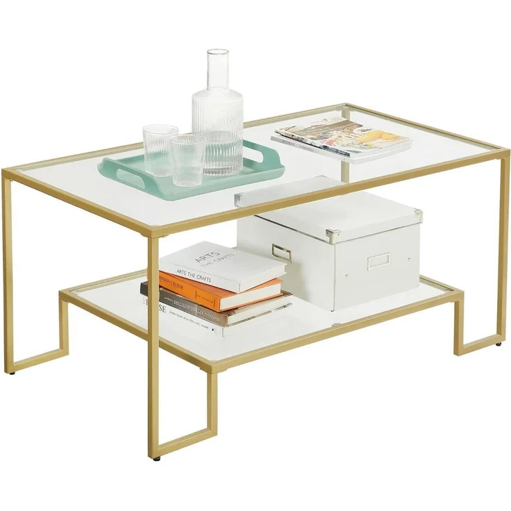 VASAGLE Couchtisch, Glastisch, Wohnzimmertisch, 2 Ablagen aus Hartglas, Stahlgestell, 100 x 55 x 45 cm, Dekoration, für Wohnzimmer, goldfarben – Bild 6