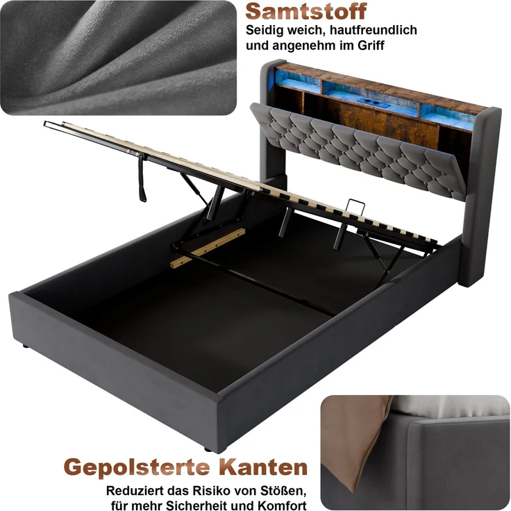 Polsterbett aus Holland-Velours mit LED, USB-C & hydraulischem Stauraum, ohne Matratze, 140x200 cm, Grau – Bild 8