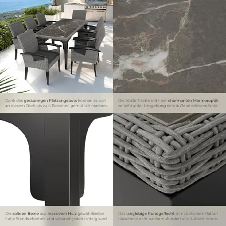 tectake Gartentisch Foggia, großer Rattantisch, grau, rechteckig, 196x87x76 cm, mit marmorierten Feinsteinzeugplatten und robustem Geflecht – Bild 6