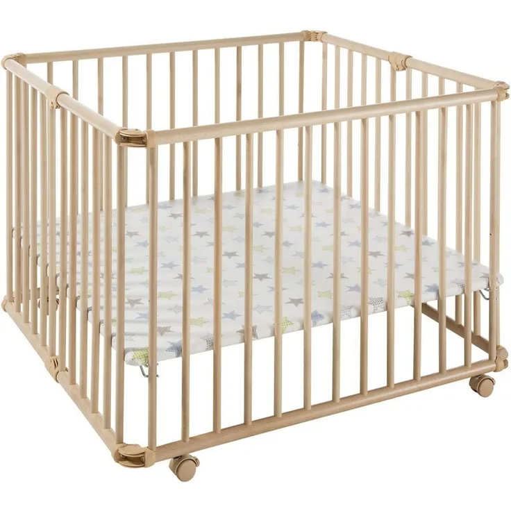Geuther - Laufgitter Lucilee +, TÜV geprüft, höhenverstellbarer Laufstall, faltbar, gepolsterter Boden, Teppichrollen, 90,2x97,4 cm, natur, Monster