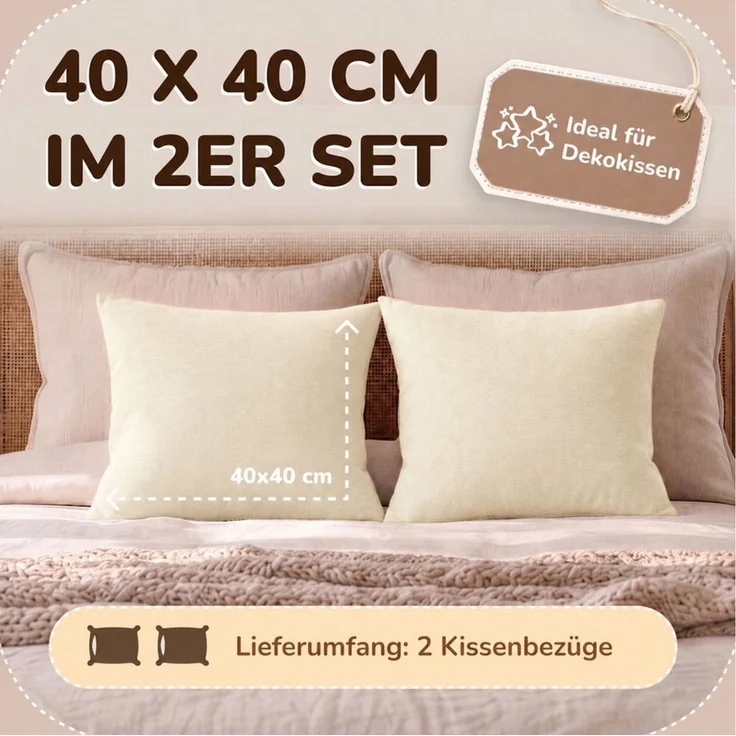 leevitex® Kissenbezüge Kissenbezug 40 x 40 cm, 2er Set, Creme/Naturweiß, (2 Stück), feine Jersey-Qualität, 100% Baumwolle, robuster Reißverschluss – Bild 3