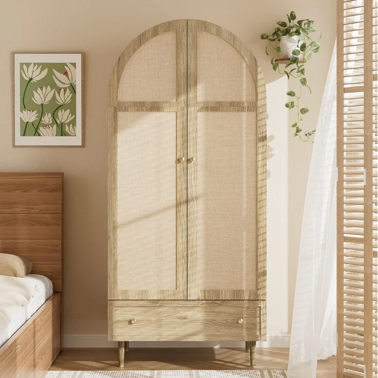 DESVIAE Garderobenschrank mit Stofftüren und Schubladen 79x175x50 cm MDF Eichenoptik – Bild 2