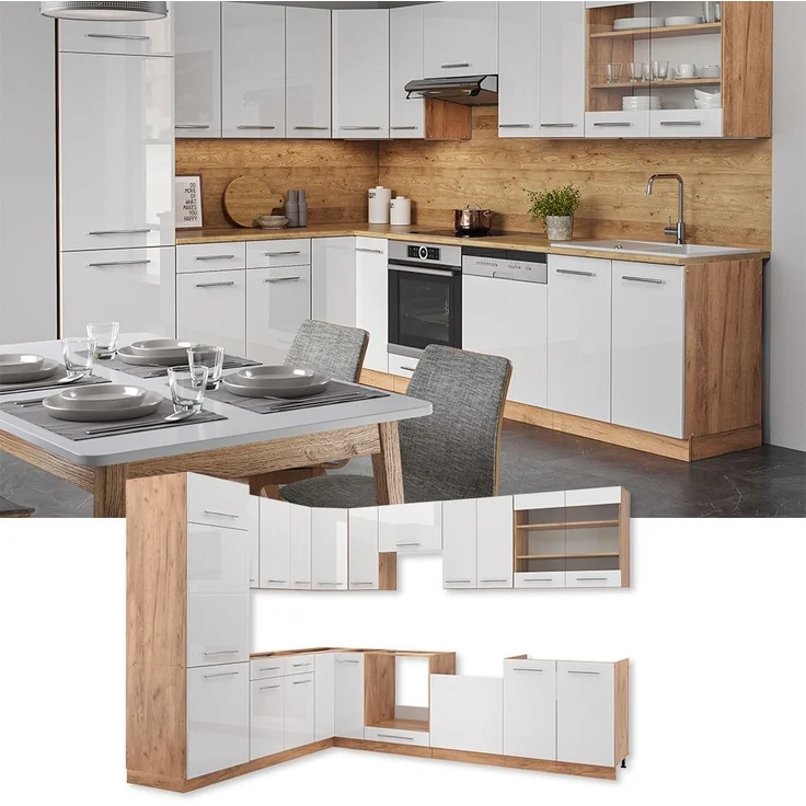 Eckküche Fame-Line Weiß Hochglanz/Goldkraft Eiche 227 x 60 cm , AP Eiche Vicco – Bild 1