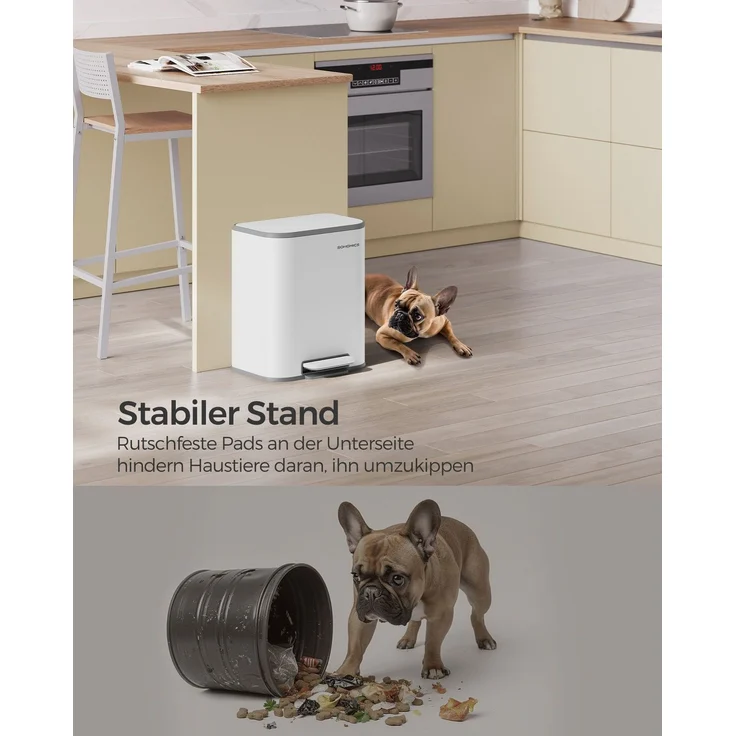 Songmics Mülleimer mit Deckel, Softclose & Offenhaltefunktion,  20 Liter, Stahl, 42,5 x 36,6 x 30 cm, Wolkenweiß – Bild 4