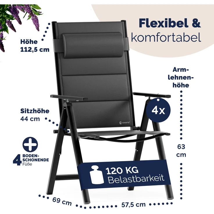 CASARIA® Gartenstühle 4er Set Klappbar Gepolstert Alu 8- Fach Verstellbar – Bild 7