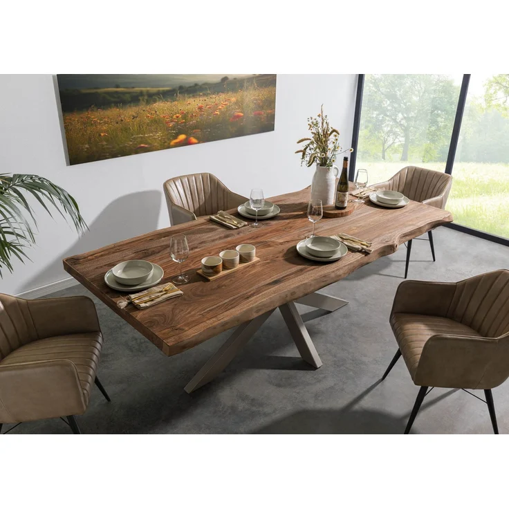 Baumtisch Sheesham 200x100x77 grau gebeizt / Kreuzgestell silber matt FREEFORM 5 – Bild 2