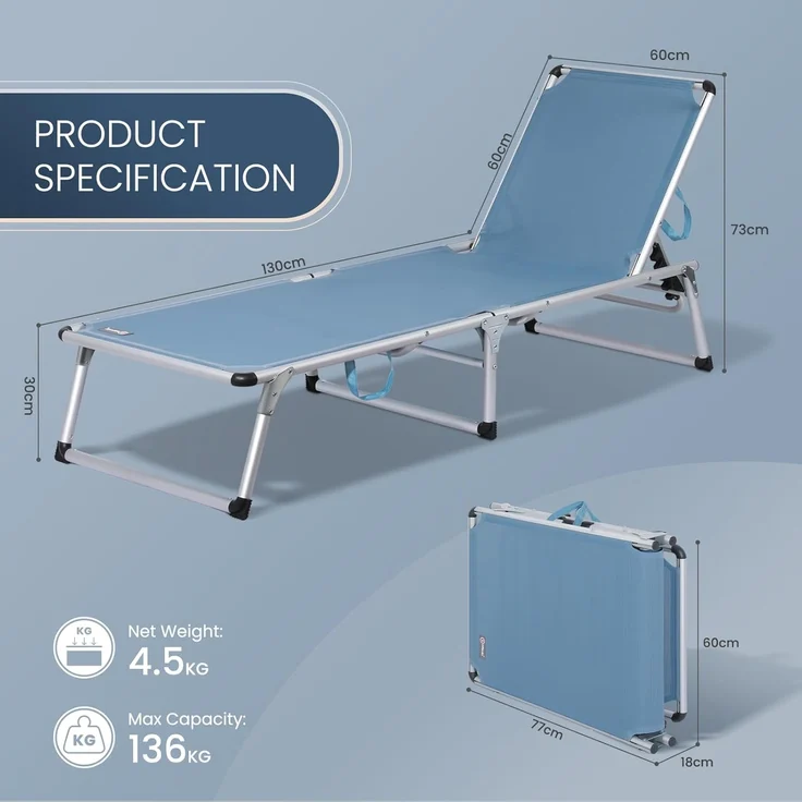 HOMECALL Gartenliege Leicht Sonnenliege Klappbar Alu Liegestuhl Strandliege, 1-tlg, 5 fach Verstellbare Rückenlehne, Sonnenschutzdach, bis 136KG – Bild 2