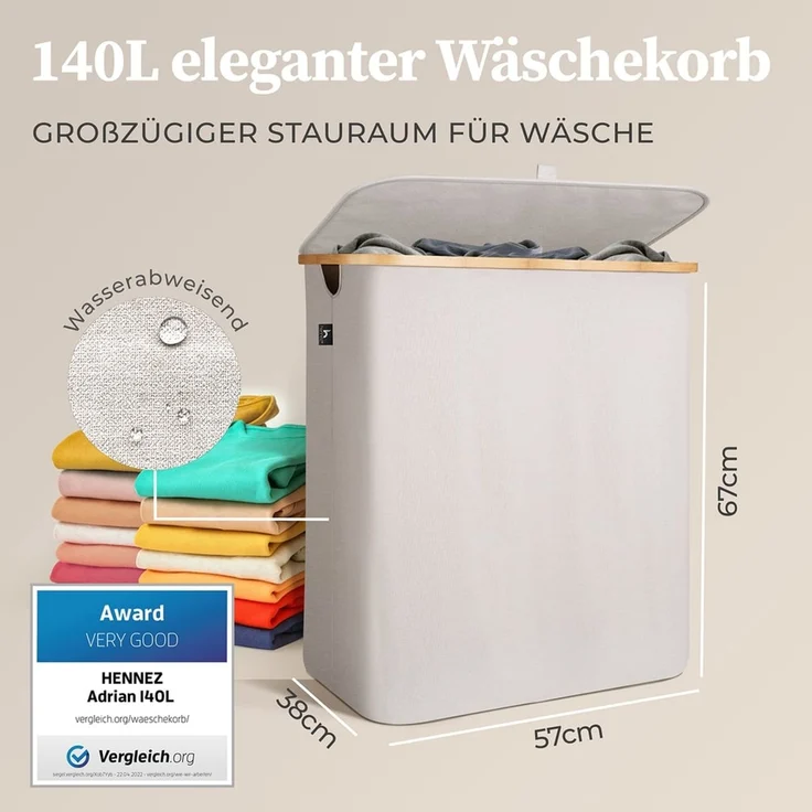 HENNEZ Wäschekorb Bambus mit Deckel 2 Fächer, 140L Wäschesack - Wäschesortierer Wäschebox Wäschetonne Wäschesammler – Bild 3