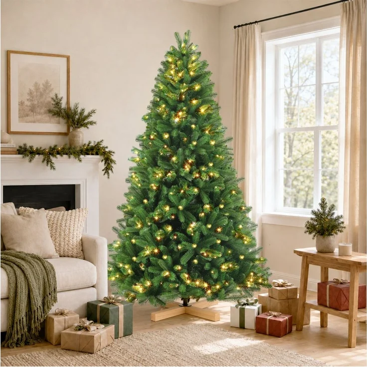 WHEELYOU Künstlicher Weihnachtsbaum 210 cm Tannenoptik, PE+PVC, 400 LEDs, Holzständer, 8 Lichtmodi, Dichte Tannenform, PE+PVC-Zweige, Holzfuß, warmgelbe Beleuchtung, 400 LEDs, 8 Lichtmodi, formbare Zweige, Stecksystem, Holzständer – Bild 4