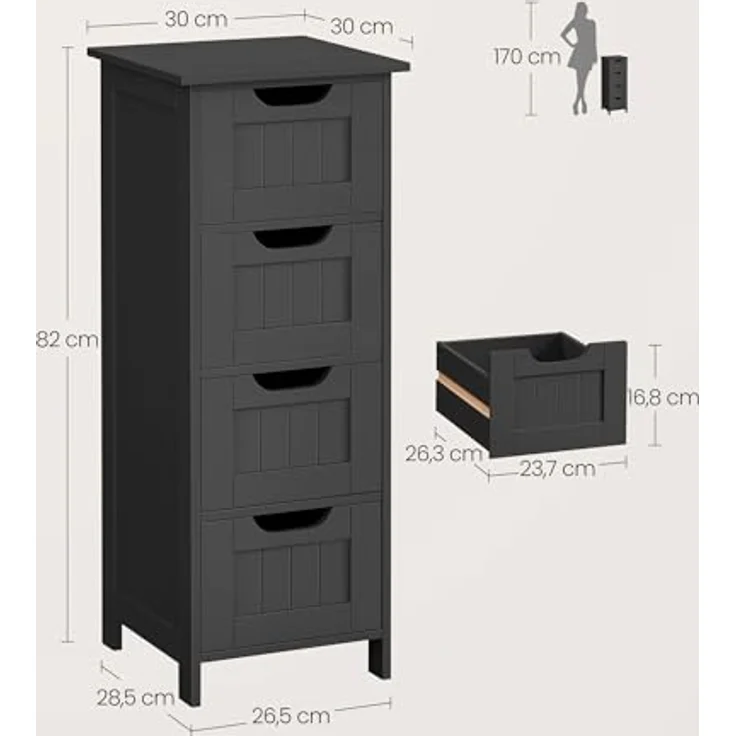 VASAGLE Badezimmerschrank, Badschrank, Beistellschrank mit 4 Schubladen, 30 x 30 x 82 cm, für Badezimmer, Wohnzimmer, Esszimmer, Küche, modern, tintenschwarz LHC040B01 – Bild 4