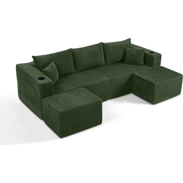 DESVIAE Sofa modular mit 2 Ottomanen und Getränkehaltern aus Schaumstoff mit Cordbezug Grün, 138 x 230 x 75 cm – Bild 8