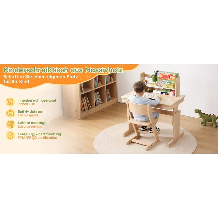 ZUBALIYA klappbare Tischplatte / Kindertisch, mit sicherheitszertifiziert und buchstütze, fürs Kinderzimmer, Massivholz, Samt, Natur – Bild 18