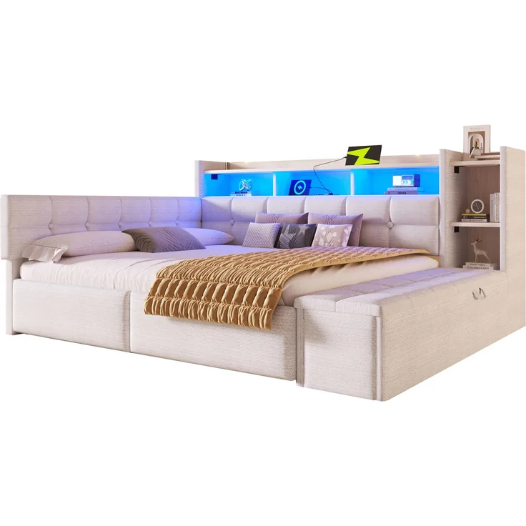 Merax Polsterbett 140 × 190 cm, Doppelbett, Tagesbett, Daybett, Schlafsofa, mit 2 Schubladen, USB- und Typ-C-Anschlüssen, LED-Lichtleiste, Ohne Matratze, Samt, Weiß – Bild 10