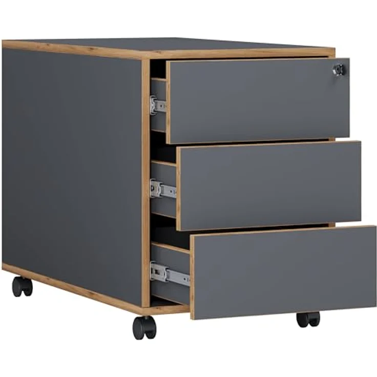 MID.YOU Rollcontainer, Anthrazit/Honigeiche, Holzwerkstoff mit 3 Schubladen, 42x50x70 cm, griffloses Öffnen – Bild 5