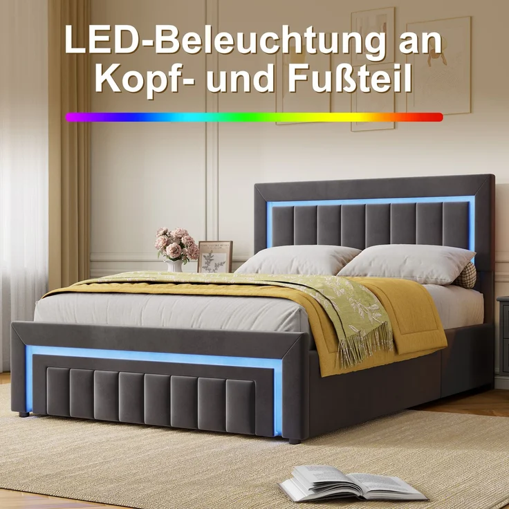 Polsterbett aus Velours mit LED, hydraulischem Stauraum & Schublade, ohne Matratze, 140x200 cm, Anthrazit/Grau – Bild 4
