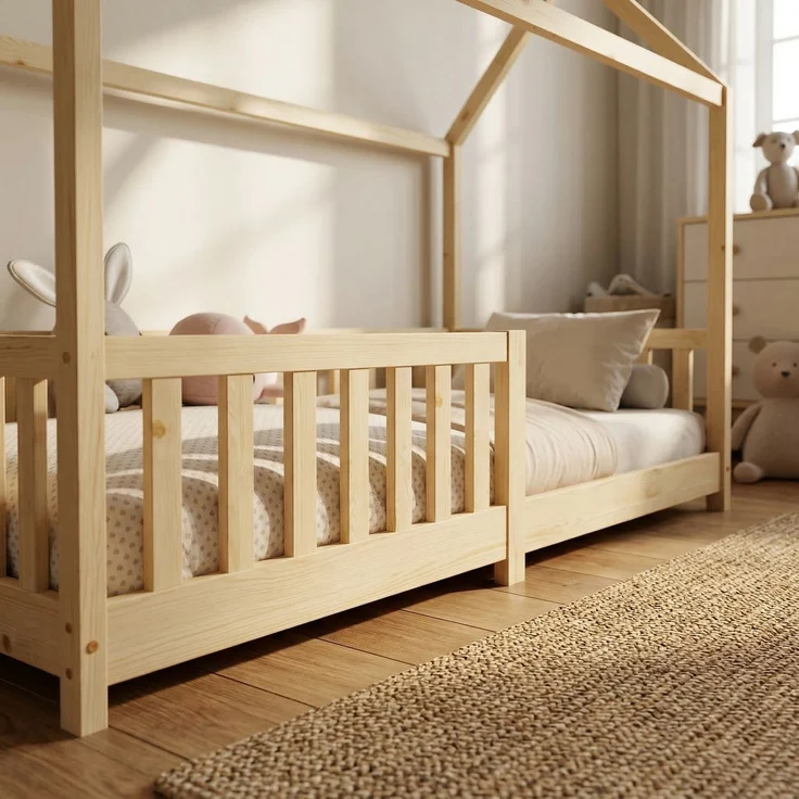 ecoMI Hausbett mit Rausfallschutz und Lattenrost, Kiefernholz natur, 80x160 cm – Bild 5