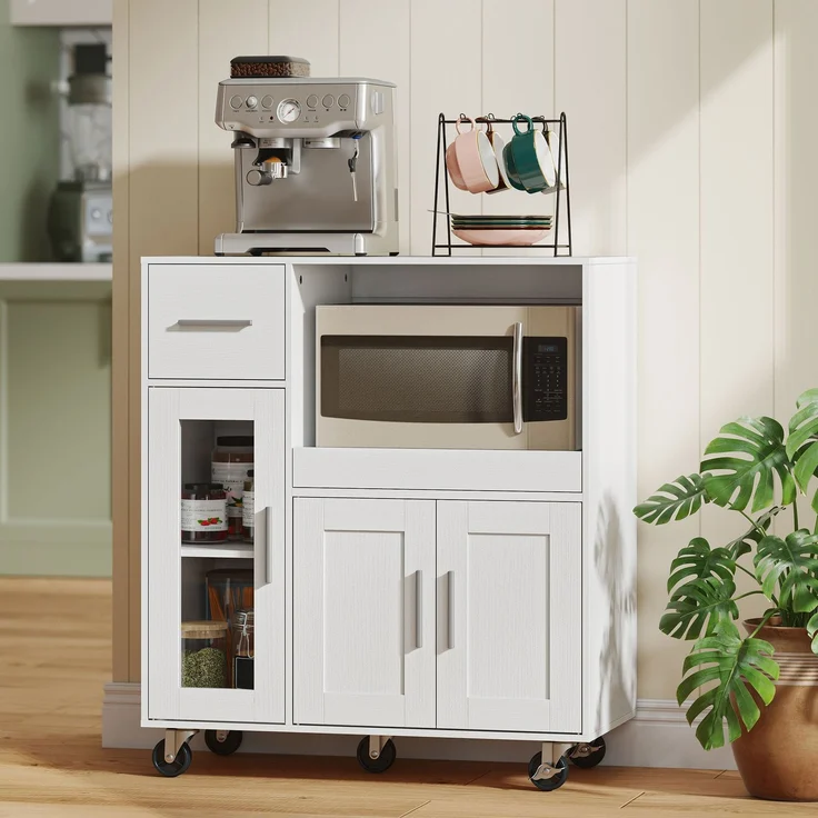 Wohnora-Küchenschrank auf Rädern, Mobile Küchenkommode mit Ablagen, Schubladen, verstellbarem Regal, Kabelloch, Weiß,H 887cm x T 800cm x B 400cm – Bild 3