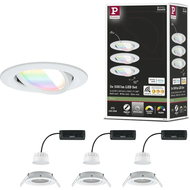 Paulmann 92433 LED Einbauleuchte Nova Coin 3er-Set Zigbee RGBW Weiß matt